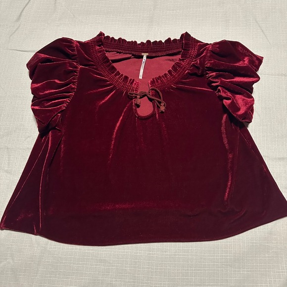 Free People Tops - Free People Velvet Front Tie Peasant Blouse Red Wine Ruffle Sleeve Keyhole Sz XS